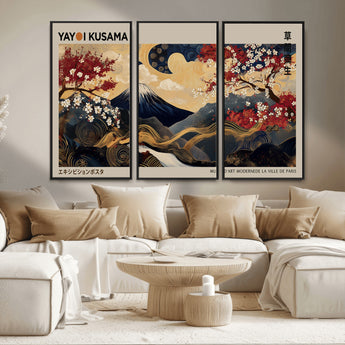 66892669-MGV-FC-48X32-3P_Black-Japanese Landscape Wall Art – Mount Fuji Canvas Print with Cherry Blossoms and Golden Waves, Traditional Asian Inspired Artwork