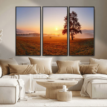 57919623-MGV-CV-36X24-Golden Sunrise Landscape Canvas Wall Art - Framed Misty Field Print, Large Nature Canvas for Living Room, Office, or Home Decor