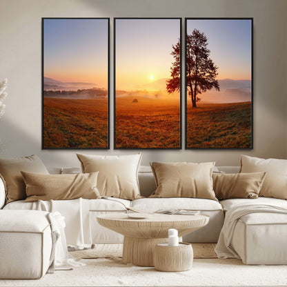 57919623-MGV-FC-48X32-3P_Black-Sunrise Landscape Wall Art – Golden Morning Canvas Print with Tree, Misty Hills and Open Field, Peaceful Nature Photography for