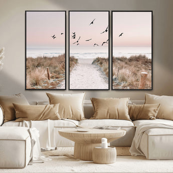 34632598-MGV-CV-36X24-Coastal Pathway Canvas Wall Art – Framed Seaside Landscape, Large Beach and Birds Canvas Print for Home, Office, or Living Room