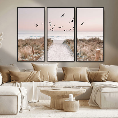 34632598-MGV-CV-36X24-Coastal Pathway Canvas Wall Art – Framed Seaside Landscape, Large Beach and Birds Canvas Print for Home, Office, or Living Room
