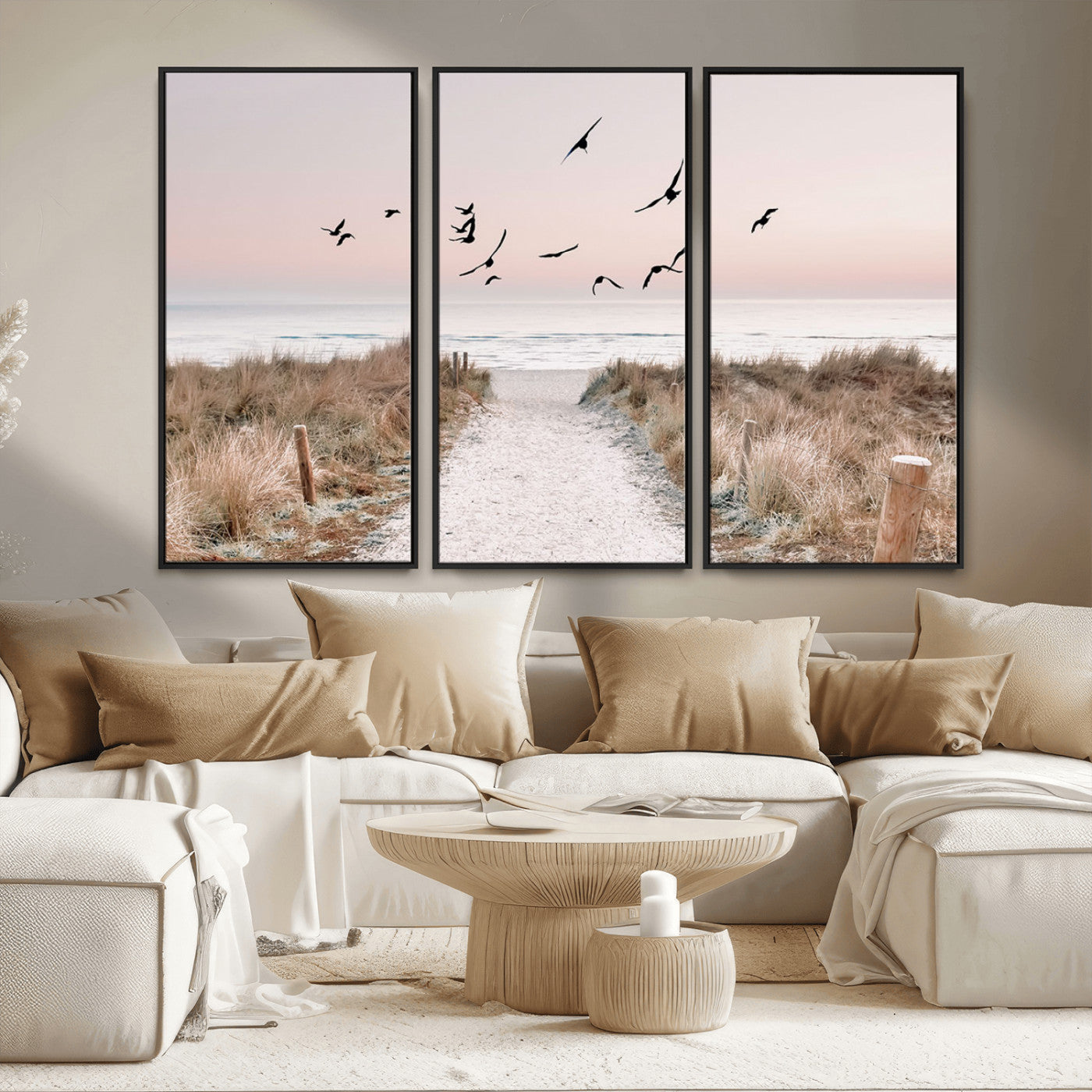 34632598-MGV-FC-48X32-3P_Black-Beach Pathway Wall Art – Coastal Canvas Print with Sandy Trail, Flying Birds and Pastel Sky, Serene Ocean Landscape Photography