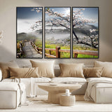 34632598CRY-MGV-FC-48X32-3P_Black-Cherry Blossom Wall Art – Scenic Asian Landscape Canvas Print with Wooden Walkway, Misty Mountains and Sunrise, Serene Nature