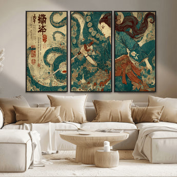 46837670-MGV-CV-36X24-Tsukioka Yoshitoshi Samurai Wall Art Print, Japanese Katana Warrior Canvas Wall Art, Octopus Sea Monster Canvas Print,