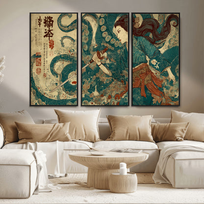 46837670-MGV-CV-36X24-Tsukioka Yoshitoshi Samurai Wall Art Print, Japanese Katana Warrior Canvas Wall Art, Octopus Sea Monster Canvas Print,