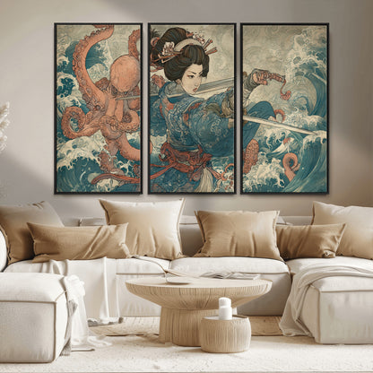 52037775-MGV-CV-36X24-Tsukioka Yoshitoshi Samurai Wall Art Print, Japanese Katana Warrior Canvas Wall Art, Octopus Sea Monster Canvas Print,