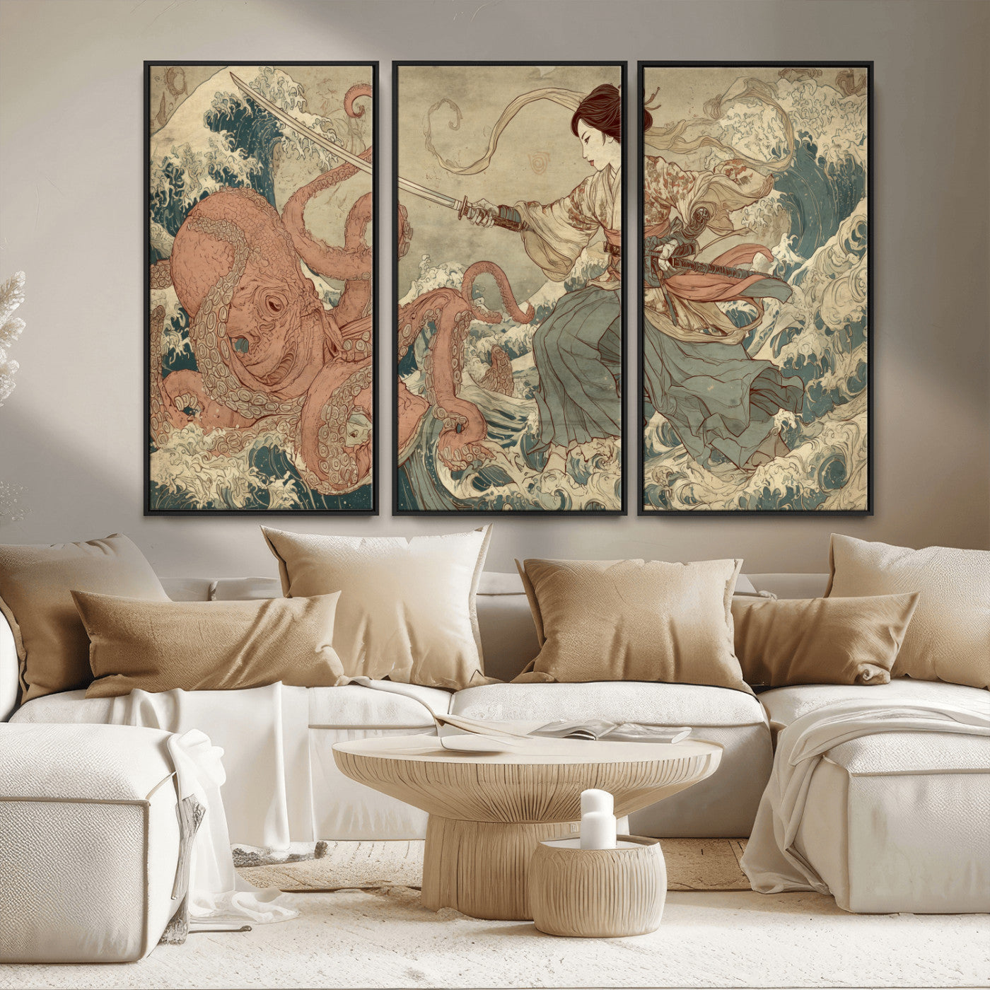 54879547-MGV-FC-48X32-3P_Black-Samurai Woman Wall Art – Japanese Ukiyo-e Style Canvas Print with Katana and Octopus, Traditional Asian Inspired Battle Artwork