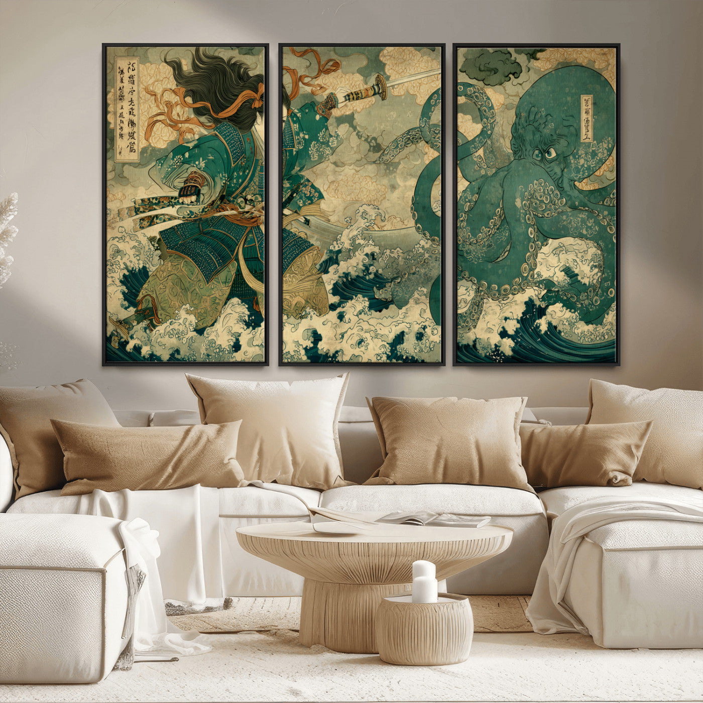 24416422-MGV-CV-36X24-Tsukioka Yoshitoshi Samurai Wall Art Print, Japanese Katana Warrior Canvas Wall Art, Octopus Sea Monster Canvas Print,