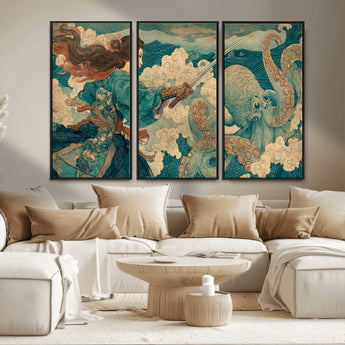 37943964-MGV-CV-36X24-Tsukioka Yoshitoshi Samurai Wall Art Print, Japanese Katana Warrior Canvas Wall Art, Octopus Sea Monster Canvas Print,