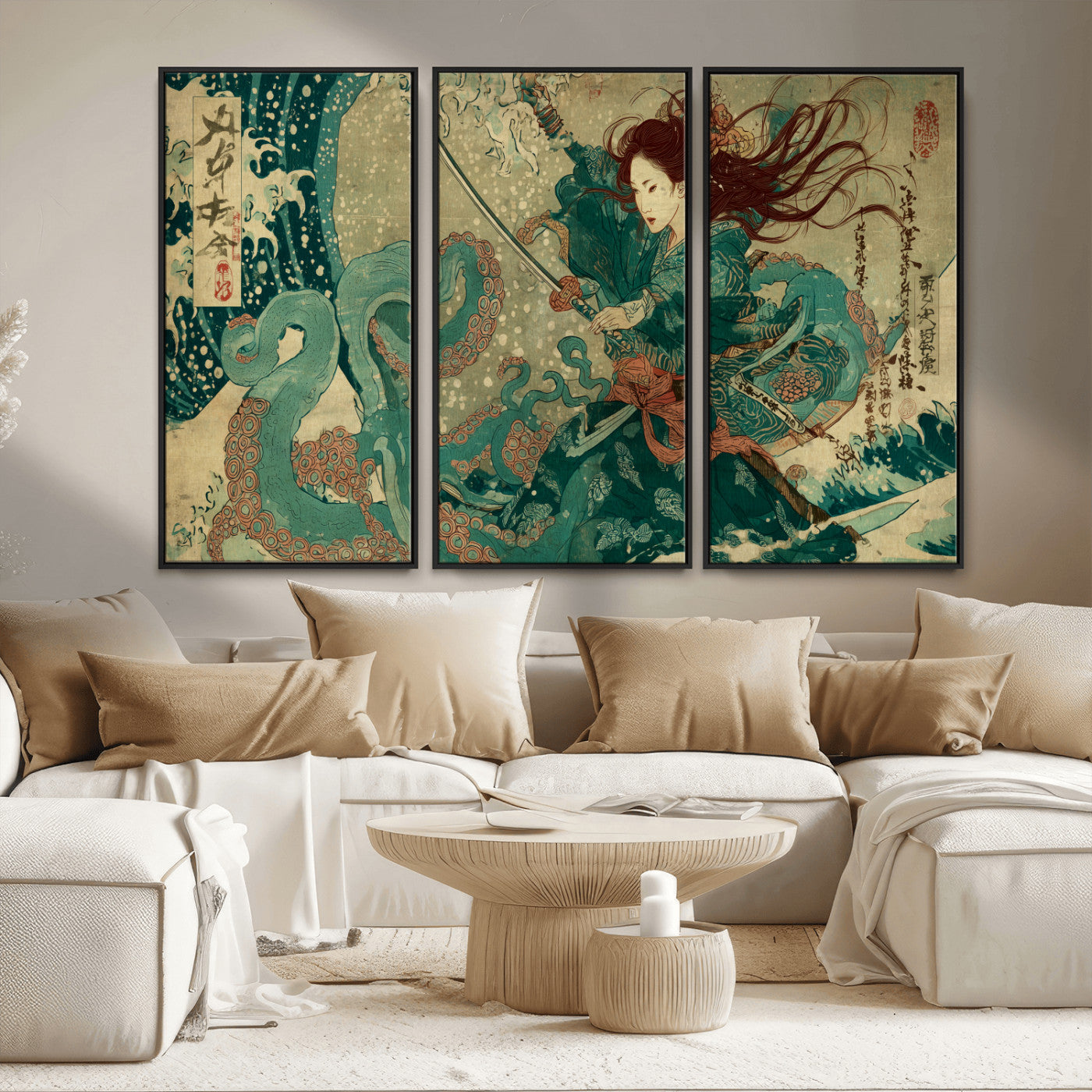 86918027-MGV-FC-48X32-3P_Black-Samurai Warrior vs Octopus Wall Art – Japanese Ukiyo-e Ocean Battle Canvas Print, Traditional Samurai Artwork for Living Room,