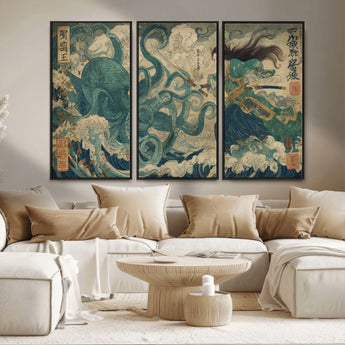 60346622-MGV-CV-36X24-Tsukioka Yoshitoshi Samurai Wall Art Print, Japanese Katana Warrior Canvas Wall Art, Octopus Sea Monster Canvas Print,