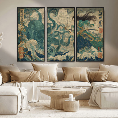 60346622-MGV-CV-36X24-Tsukioka Yoshitoshi Samurai Wall Art Print, Japanese Katana Warrior Canvas Wall Art, Octopus Sea Monster Canvas Print,