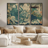 60346622-MGV-CV-36X24-Samurai Warrior vs Octopus Wall Art – Japanese Ukiyo-e Style Ocean Battle Canvas Print, Traditional Samurai Artwork for Living