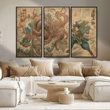 63782167-MGV-CV-36X24-Tsukioka Yoshitoshi Samurai Wall Art Print, Japanese Katana Warrior Canvas Wall Art, Octopus Sea Monster Canvas Print,