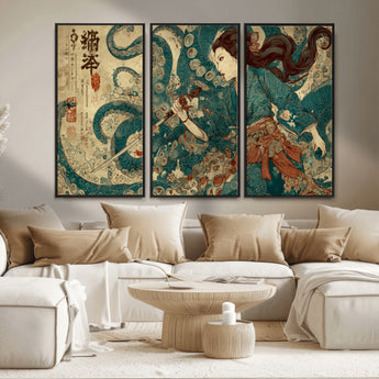 18575670-MGV-CV-36X24-Samurai Woman vs Octopus Wall Art – Japanese Ukiyo-e Ocean Battle Canvas Print, Traditional Warrior Artwork for Living Room,