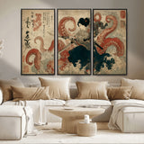 50812504-MGV-CV-36X24-Tsukioka Yoshitoshi Samurai Wall Art Print, Japanese Katana Warrior Canvas Wall Art, Octopus Sea Monster Canvas Print,