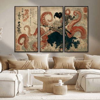 50812504-MGV-FC-48X32-3P_Black-Samurai Woman vs Octopus Wall Art – Japanese Ukiyo-e Red Tentacle Canvas Print, Ocean Battle Artwork for Living Room, Office, Man