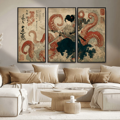 50812504-MGV-FC-48X32-3P_Black-Samurai Woman vs Octopus Wall Art – Japanese Ukiyo-e Red Tentacle Canvas Print, Ocean Battle Artwork for Living Room, Office, Man