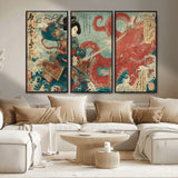 68844327-MGV-CV-36X24-Tsukioka Yoshitoshi Samurai Wall Art Print, Japanese Katana Warrior Canvas Wall Art, Octopus Sea Monster Canvas Print,