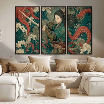 35461724-MGV-CV-36X24-Samurai Woman vs Octopus Wall Art – Japanese Ukiyo-e Ocean Waves Canvas Print, Red Tentacle Battle Artwork for Living Room,