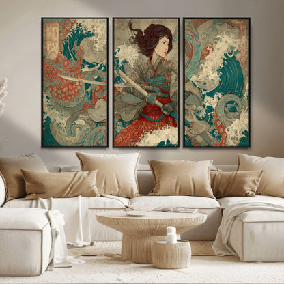 63377977-MGV-CV-36X24-Tsukioka Yoshitoshi Samurai Wall Art Print, Japanese Katana Warrior Canvas Wall Art, Octopus Sea Monster Canvas Print,
