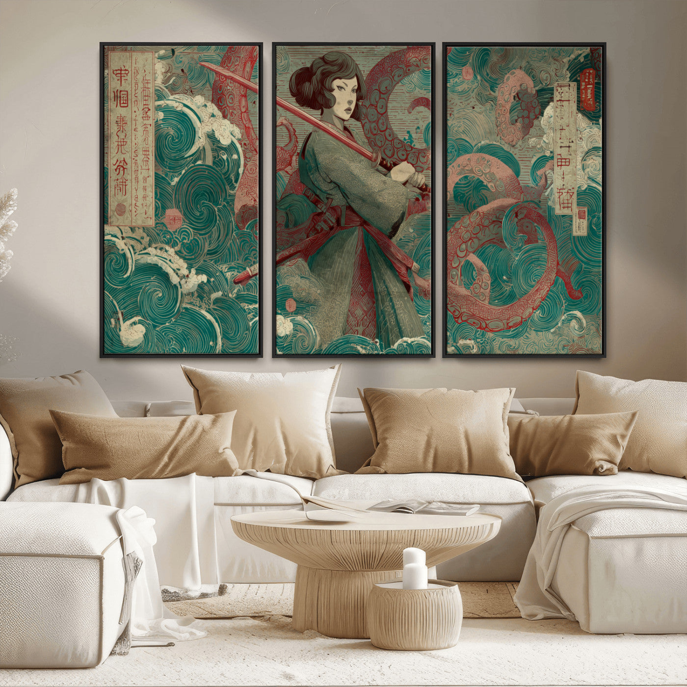 91666601-MGV-FC-48X32-3P_Black-Samurai Woman vs Octopus Wall Art – Japanese Ukiyo-e Green Robe Canvas Print, Ocean Battle Artwork for Living Room, Office, Man