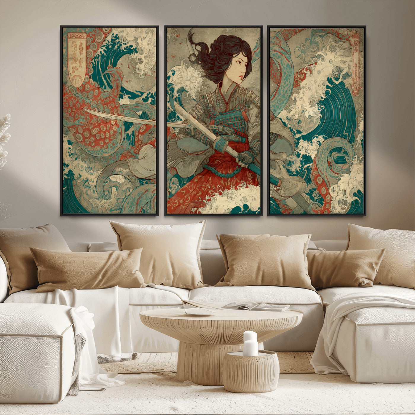 37797255-MGV-CV-36X24-Samurai Woman vs Octopus Wall Art – Japanese Ukiyo-e Red Armor Ocean Battle Canvas Print, Warrior Artwork for Living Room, Office,