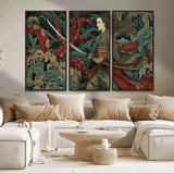18902796-MGV-FC-48X32-3P_Black-Samurai Woman vs Octopus Wall Art – Japanese Ukiyo-e Green Kimono Canvas Print, Ocean Battle Scene Artwork for Living Room,