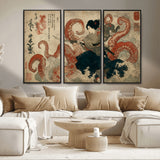 82737246-MGV-FC-48X32-3P_Black-Samurai Woman vs Octopus Wall Art – Japanese Ukiyo-e Dual Sword Canvas Print, Red Tentacle Ocean Battle Artwork for Living Room,