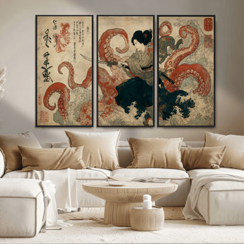 82737246-MGV-FC-48X32-3P_Black-Samurai Woman vs Octopus Wall Art – Japanese Ukiyo-e Dual Sword Canvas Print, Red Tentacle Ocean Battle Artwork for Living Room,
