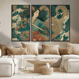 79740258-MGV-CV-36X24-Samurai Woman vs Octopus Wall Art – Japanese Ukiyo-e Blue Kimono Canvas Print, Ocean Battle Artwork for Living Room, Office, Man