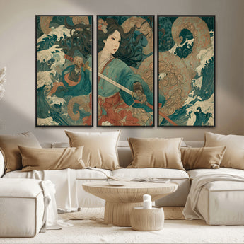 79740258-MGV-CV-36X24-Samurai Woman vs Octopus Wall Art – Japanese Ukiyo-e Blue Kimono Canvas Print, Ocean Battle Artwork for Living Room, Office, Man