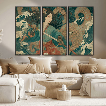 79740258-MGV-CV-36X24-Samurai Woman vs Octopus Wall Art – Japanese Ukiyo-e Blue Kimono Canvas Print, Ocean Battle Artwork for Living Room, Office, Man
