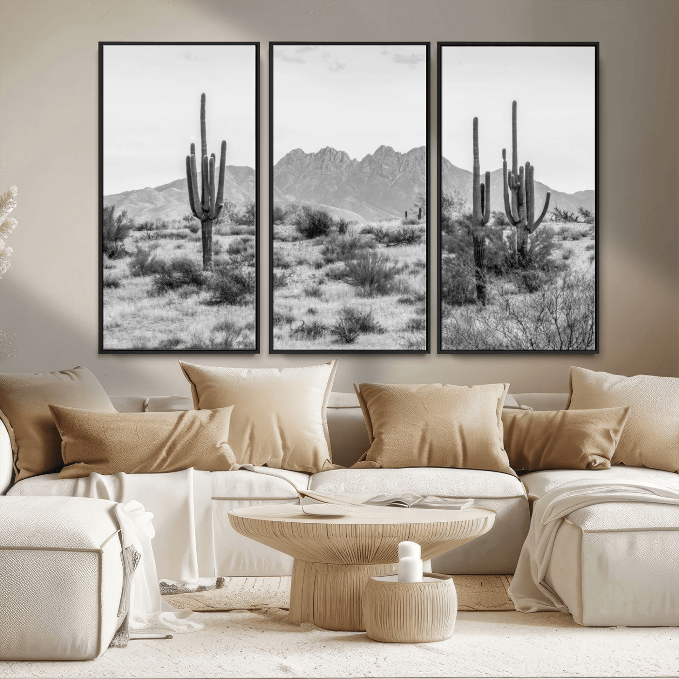 97436PHN-MGV-CV-36X24-Desert Landscape Wall Art – Black and White Cactus and Mountain Canvas Print, Southwestern Nature Photography for Living Room,