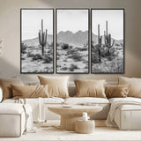 97436PHN-MGV-CV-36X24-Desert Landscape Wall Art – Black and White Cactus and Mountain Canvas Print, Southwestern Nature Photography for Living Room,