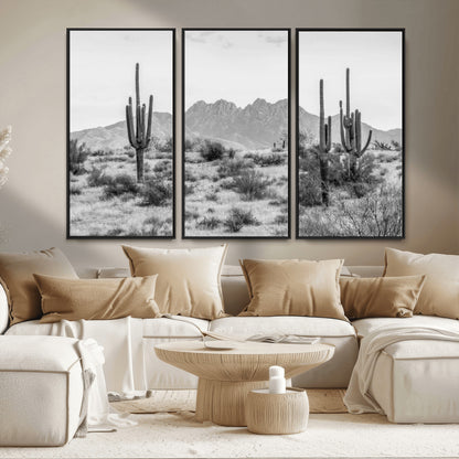 97436PHN-MGV-CV-36X24-Desert Landscape Wall Art – Black and White Cactus and Mountain Canvas Print, Southwestern Nature Photography for Living Room,