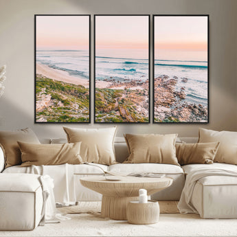 27332135-MGV-FC-48X32-3P_Black-Coastal Sunset Wall Art – Ocean Waves and Rocky Shore Canvas Print, Scenic Seaside Photography Decor for Bedroom, Living Room,