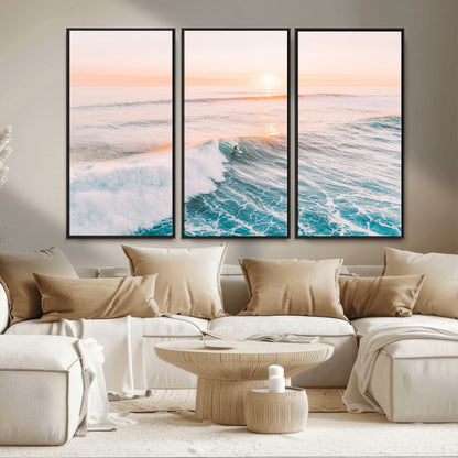 34064591-MGV-CV-36X24-Surfing Wall Art – Sunset Ocean Wave Canvas Print, Surfer Riding Sea Photography Decor for Bedroom, Living Room, Office, Coastal