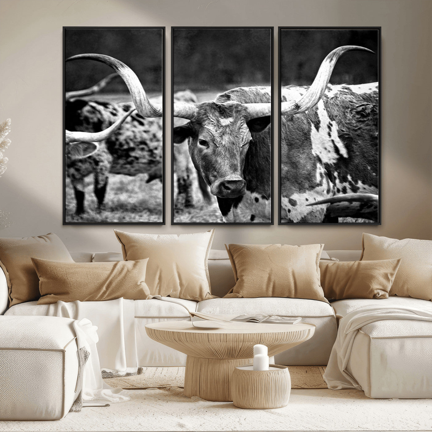 15425553-MGV-CV-36X24-Western Wall Art – Longhorn Cattle Black and White Canvas Print, Rustic Ranch Photography Decor for Bedroom, Living Room, Office,