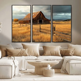 16480179-MGV-FC-48X32-3P_Black-Farmhouse Wall Art – Rustic Barn and Golden Field Canvas Print, Country Landscape Photography Decor for Bedroom, Living Room,