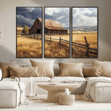 23718739-MGV-FC-48X32-3P_Black-Farmhouse Wall Art – Rustic Barn and Golden Wheat Field Canvas Print, Country Landscape Photography Decor for Bedroom, Living