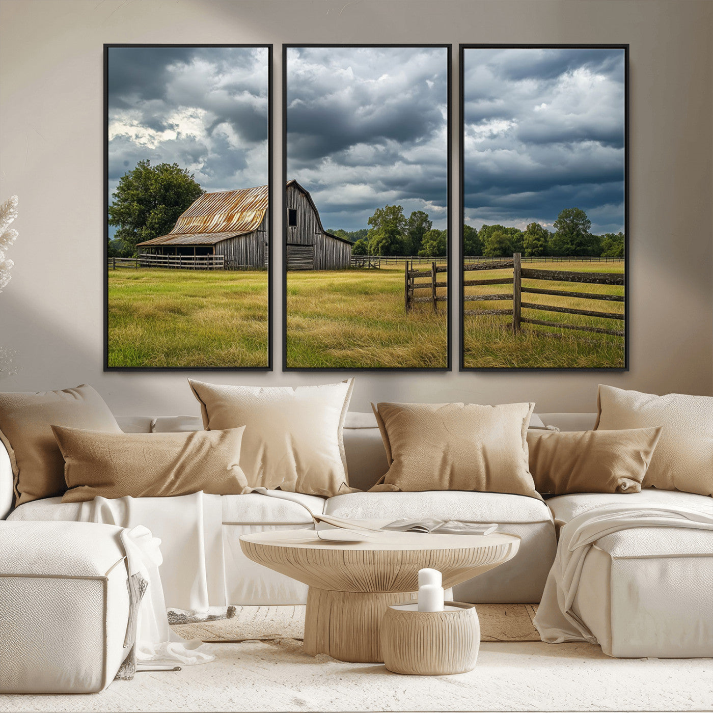 39409517-MGV-FC-48X32-3P_Black-Rustic Barn Wall Art – Weathered Farmhouse and Storm Clouds Canvas Print, Country Landscape Photography Decor for Bedroom, Living