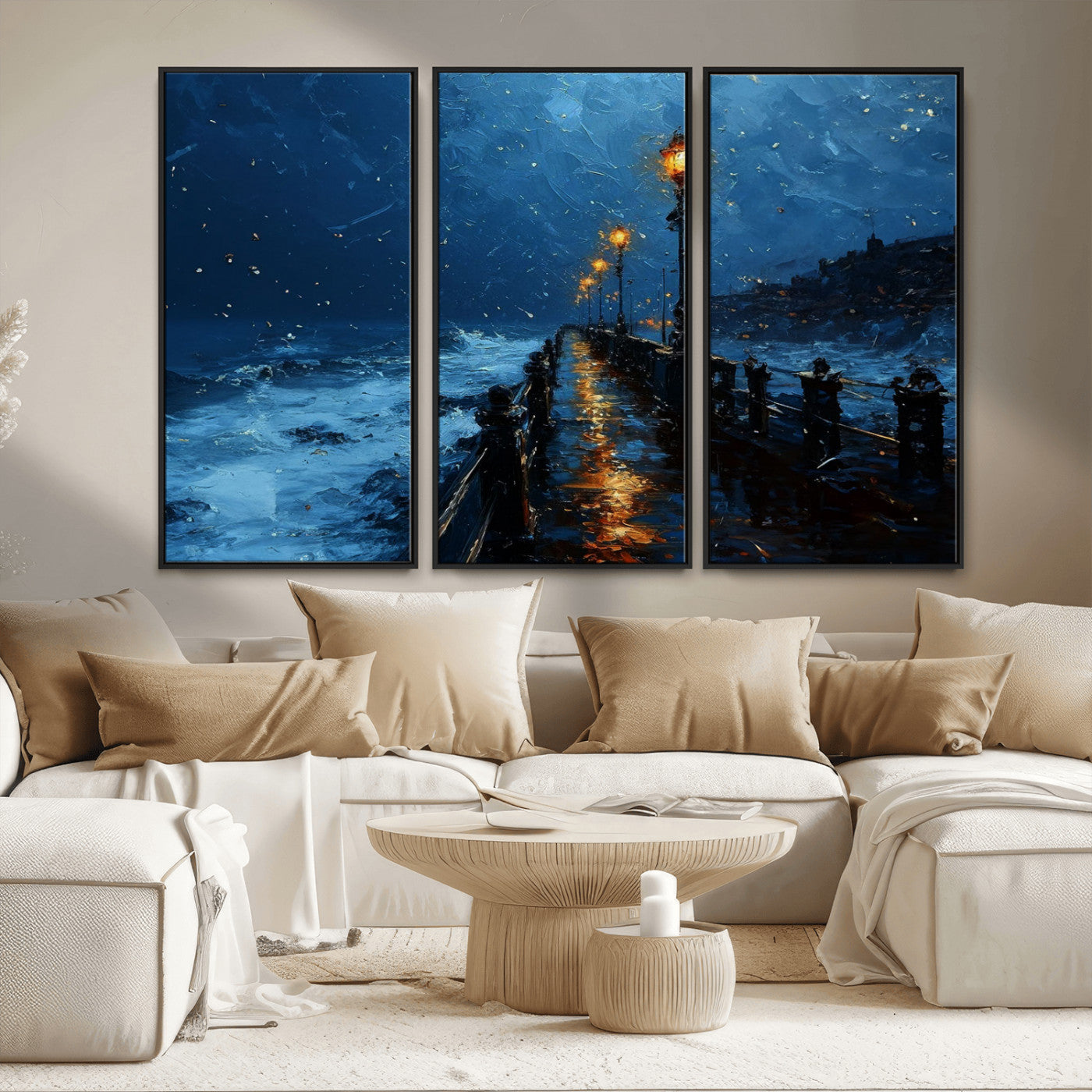 48300530-MGV-CV-36X24-Dark Stormy Pier Canvas Wall Art – Moody Ocean Night Scene with Street Lamps, Blue Coastal Seascape Print for Bedroom, Office, or