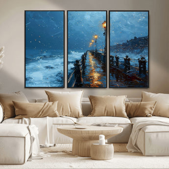 93793246-MGV-FC-48X32-3P_Black-Stormy Night Pier Canvas Wall Art – Moody Ocean Landscape with Lights, Blue Coastal Seascape Print for Bedroom, Living Room,