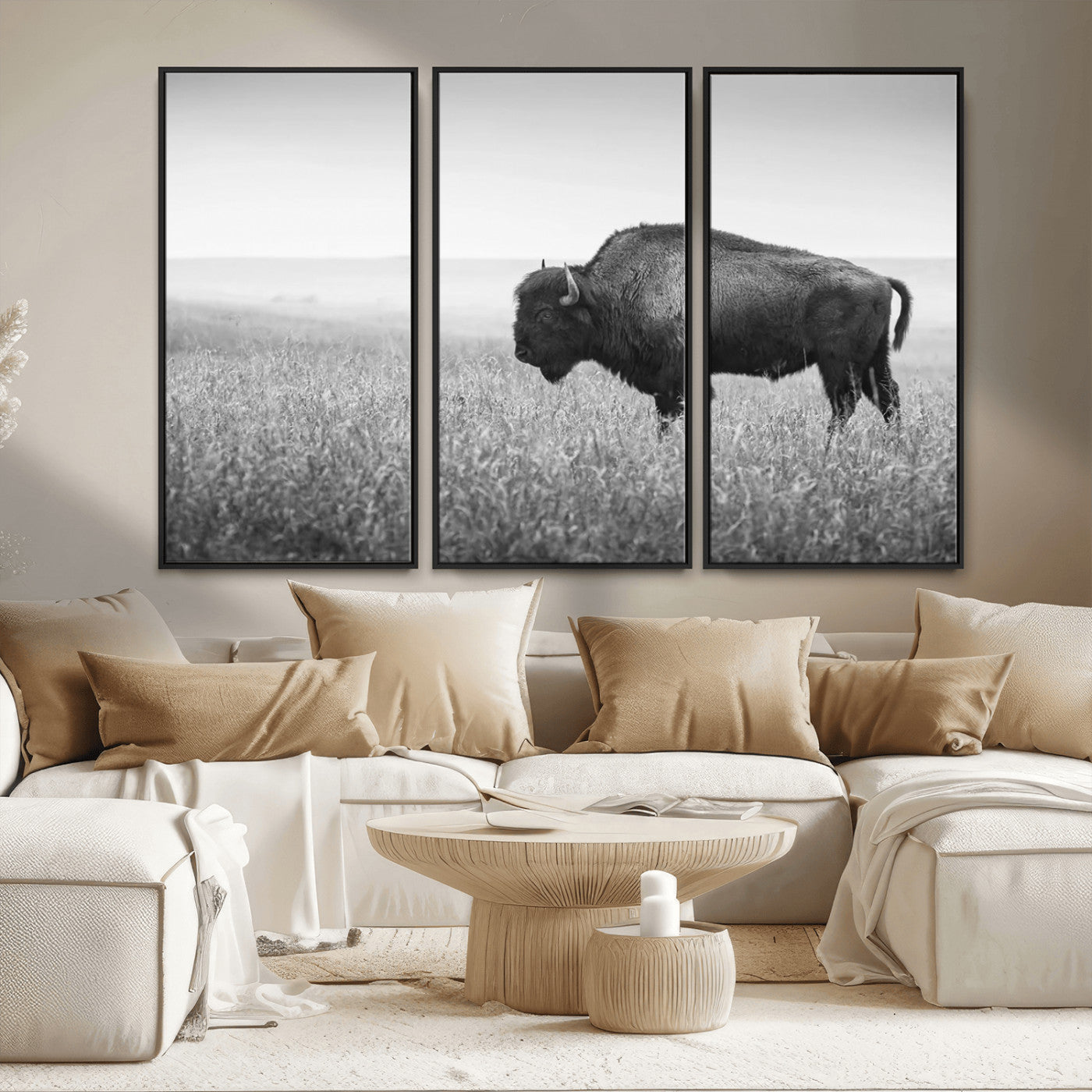 90861202-MGV-CV-36X24-Black and White Bison Canvas Wall Art – Rustic American Buffalo Print, Western Wildlife Photography for Farmhouse, Cabin, Office