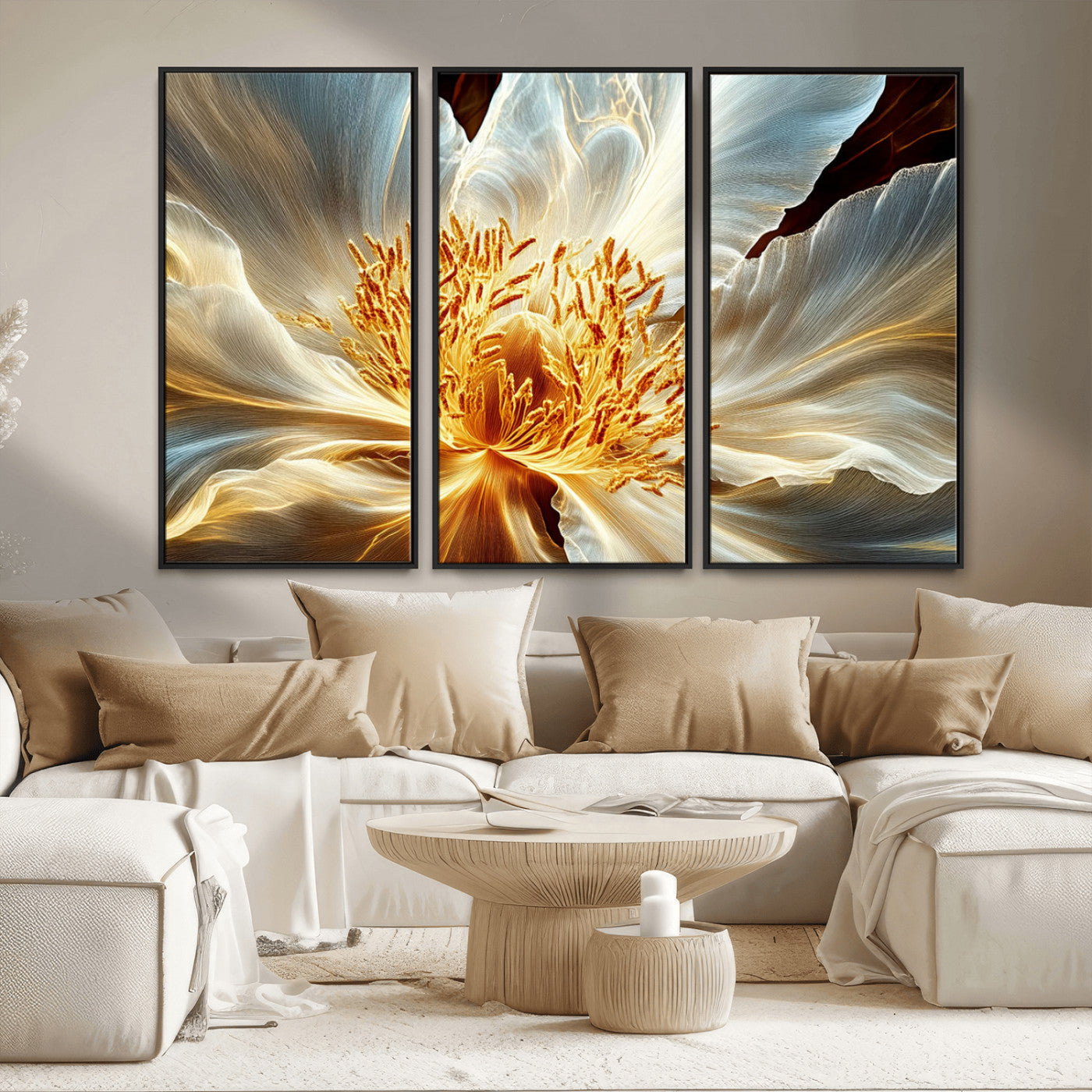 20862576-MGV-FC-48X32-3P_Black-Golden Abstract Flower Canvas Wall Art – Modern Botanical Bloom Print, Elegant Floral Artwork for Living Room, Bedroom, Office
