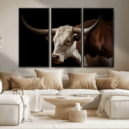 27414857-MGV-CV-36X24-Texas Longhorn Bull Canvas Wall Art – Rustic Western Farmhouse Decor, Brown & White Cow Portrait, Animal Print for Ranch Home