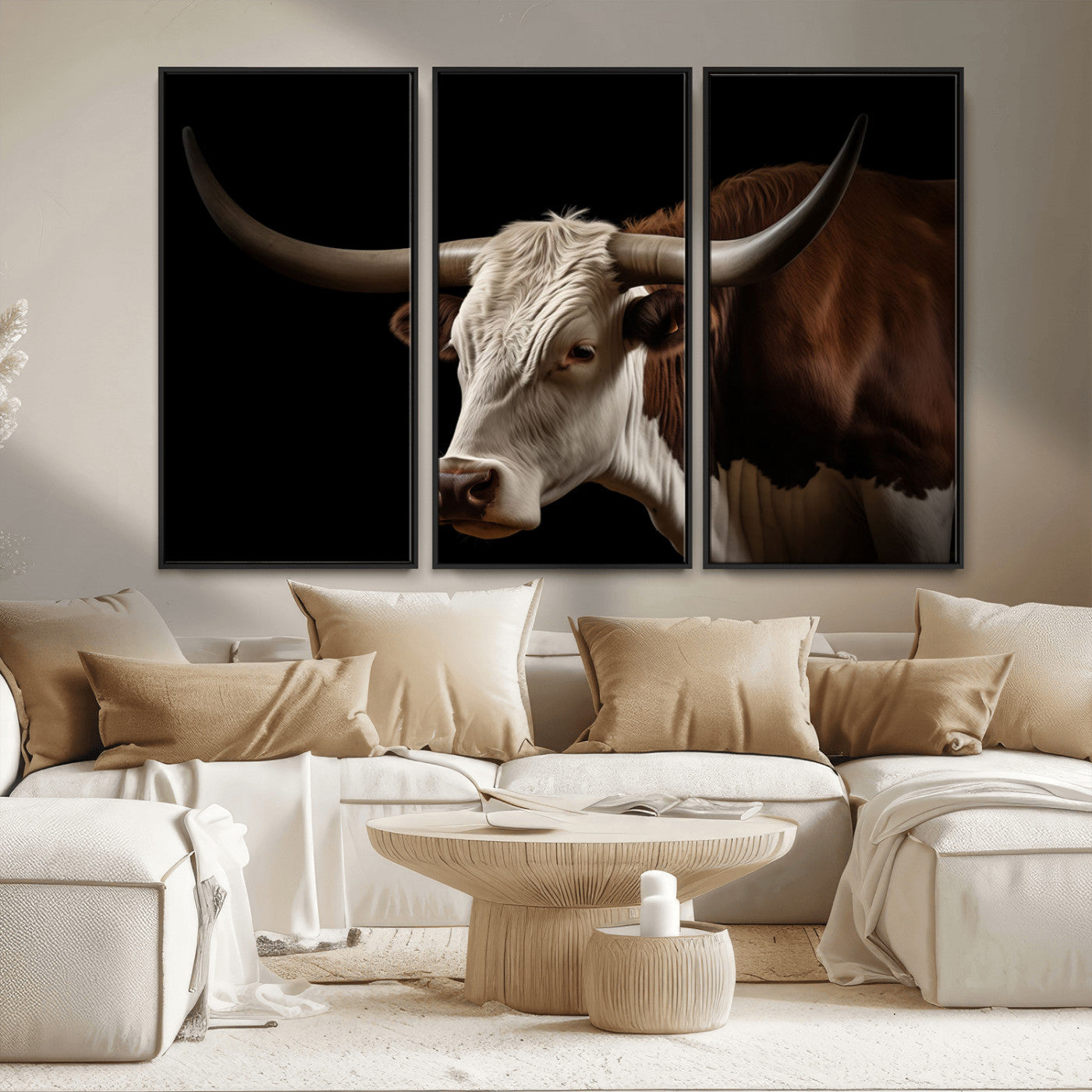 27414857-MGV-CV-36X24-Longhorn Bull Wall Art – Dramatic Western Steer Portrait Canvas Print, Rustic Farmhouse Animal Decor for Living Room, Office, or