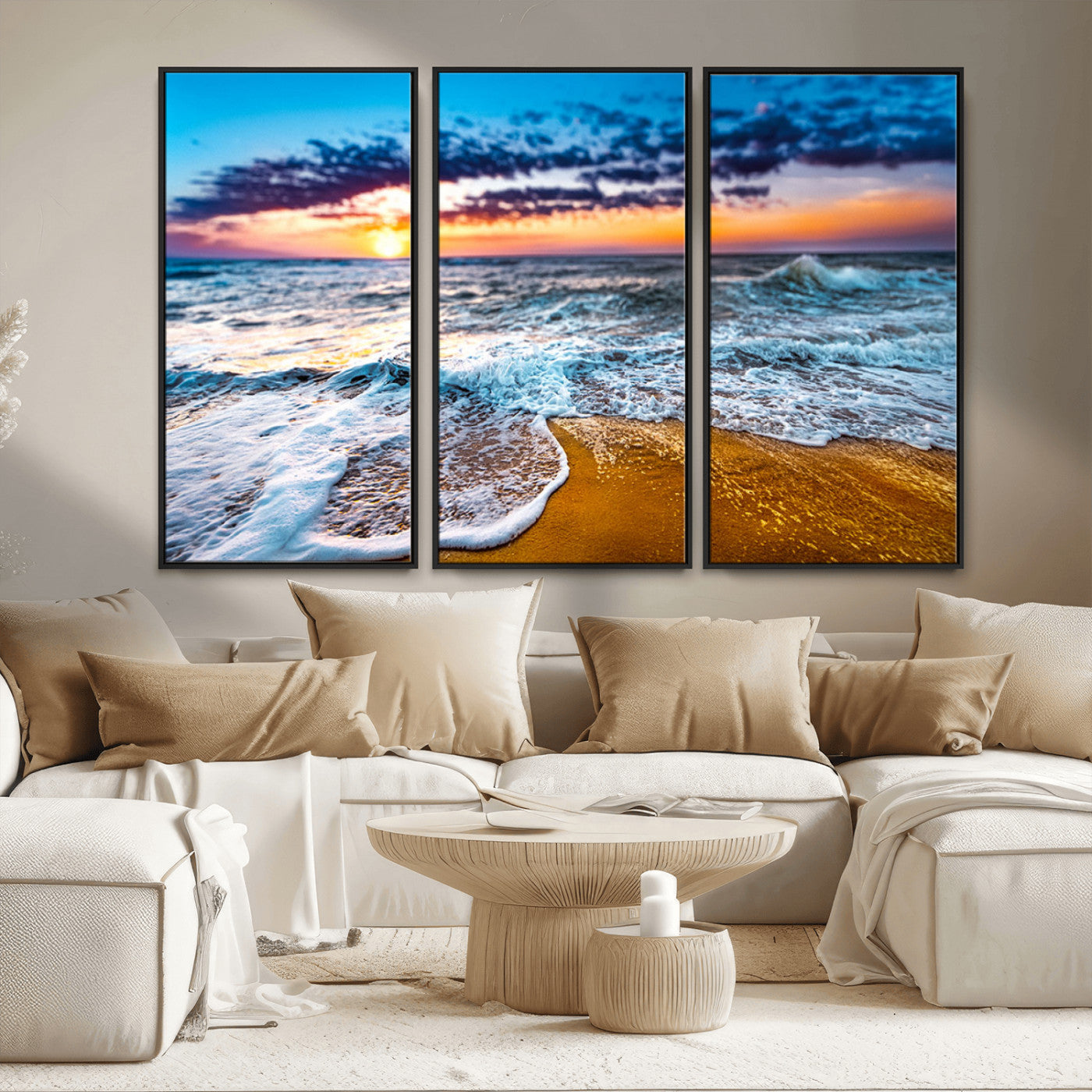 24077769-MGV-CV-36X24-Sunset Beach Wall Art – Ocean Waves Canvas Print, Golden Shoreline Photography Coastal Decor for Living Room, Bedroom, Office,