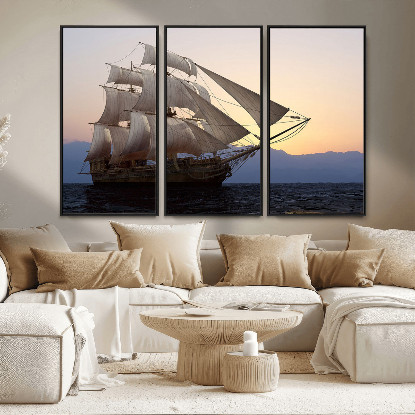 99957679-MGV-CV-36X24-Majestic Sailing Ship Wall Art – Sunset Ocean Voyage, Classic Tall Ship with Wind Filled Sails Canvas Print for Home, Office,